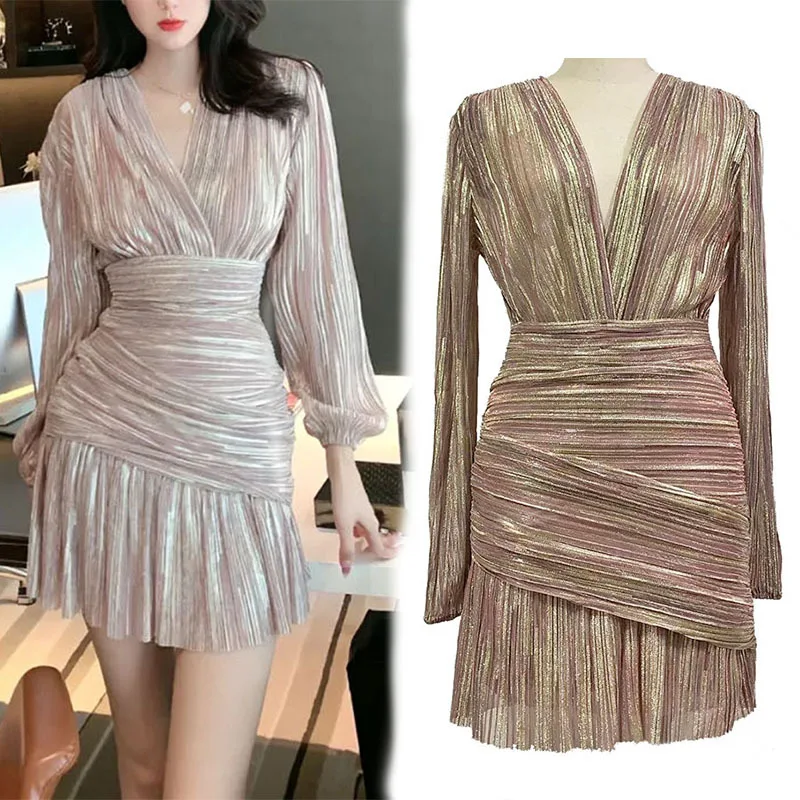 

Mini Dress for Women 2024 New Spring Folds V-necl Slim Waist Casual Long Sleeve Wrap Robes