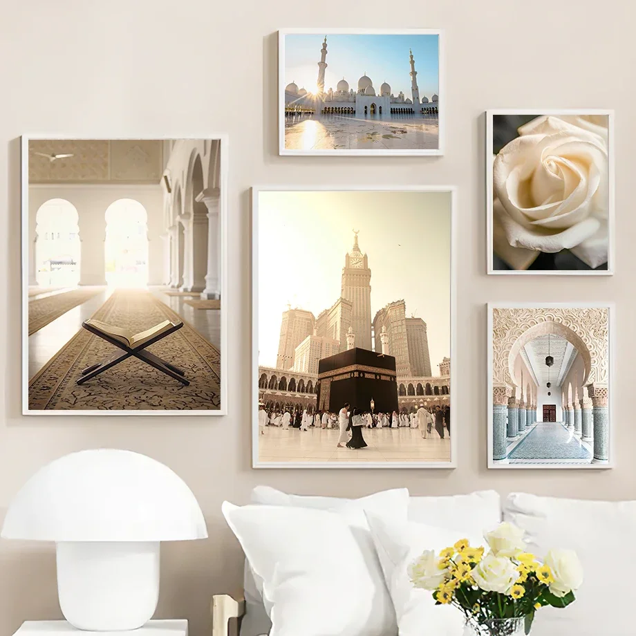 Islamic Wall Art Prints Kaaba Mecca Quran Mosque Canvas Posters Muslim Moroccan Mosque Arch Home Decor for Living Room Bedroo