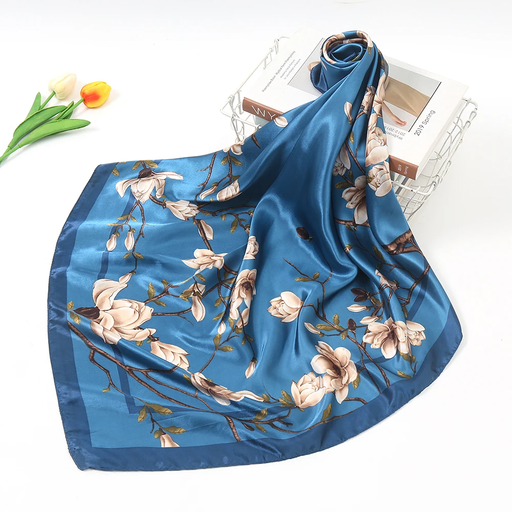 2024 New Fashion Square Scarf Hijab Simulation Silk Satin Bandana For Women Printed Handkerchief Breathable Elegant Headband