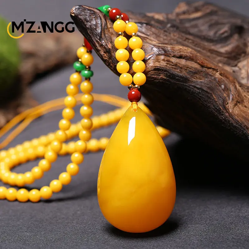 Natural Chicken Fat Yellow Amber Necklace Women Pendant Necklace Fine Jewelry Water Drop Gemstone for Party Gift