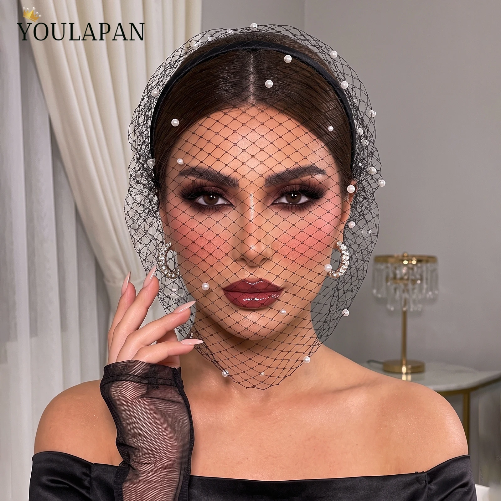 TOPQUEEN White Shiny Pearl Birdcage Veil With Blusher Veil Vintage Hairband Cage Veil Face Veil With Delicate Wedding Gowns Va44
