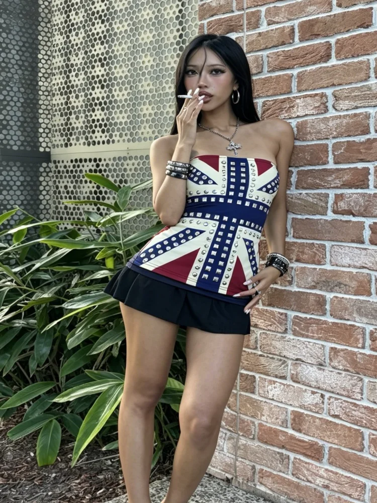 Grunge Style UK Flag Print Tube Top Women With Studded Design For Summer Casual Daily Wear