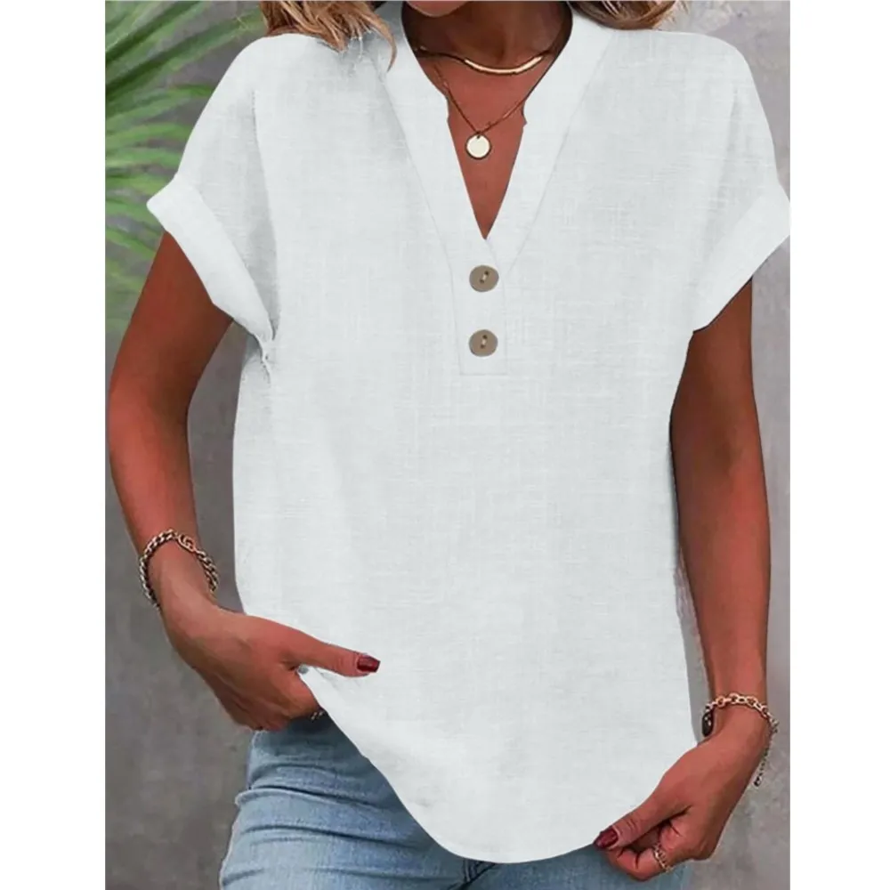 Cotton Linen Short Sleeved Breathable Shirt Summer Solid Color Fashion Stand Up Collar Button Down Women's Casual Office Shirt