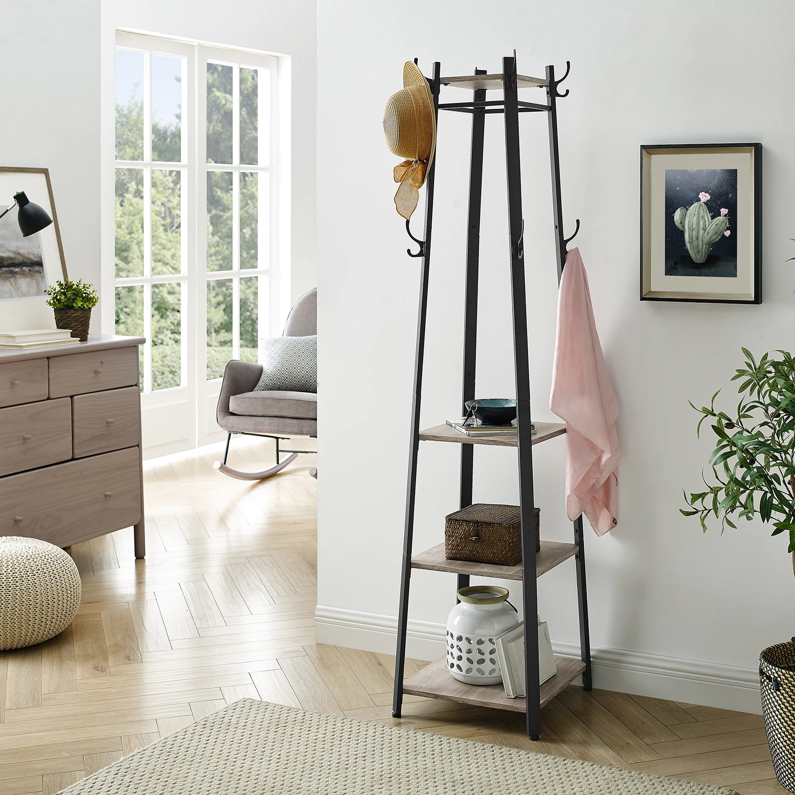 VASAGLE Coat Rack, Cloakroom, Clothes Rack with 3 Tier Shelf, Hooks and Rails, Steel Frame, Industrial Style