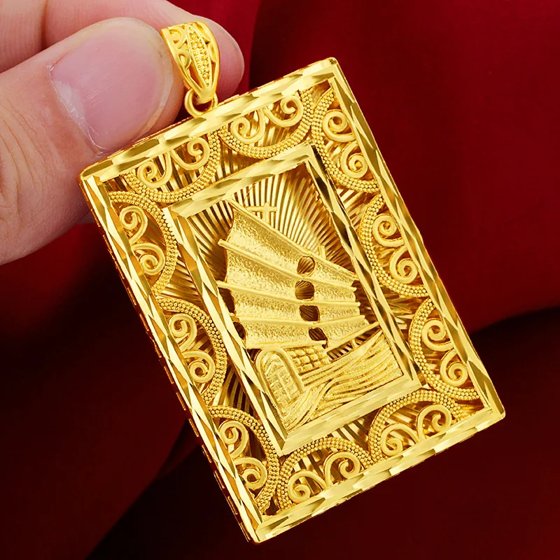 Business Steady Sailing Square Pendant For Men 24K Gold AU999 | Full of style, masculine demeanor