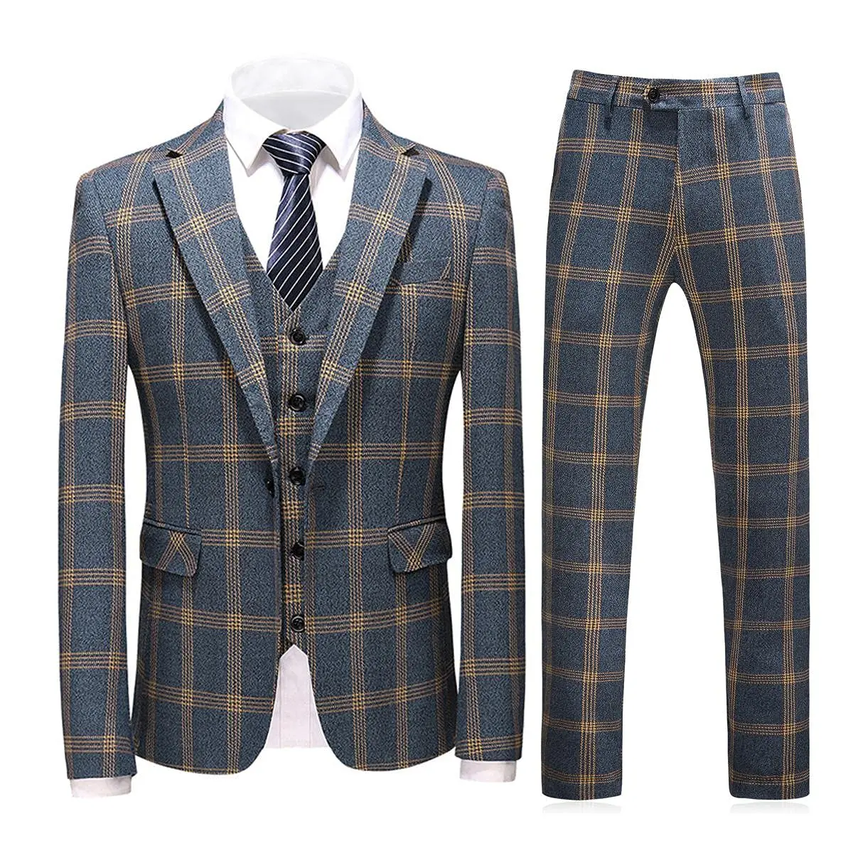 Men\'s Suits 3 Piece Check Plaid Suit Single Breasted One Button Jackets Formal Dress Party Prom Casual Tuxedo Suits for Men