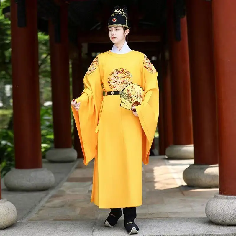Hanfu Classico con Ricamo Drago Giallo, Abito Tradizionale Cinese Tang Song con Collo Tondo per Uomo e Donna, Costume per Eventi e Carnevale
