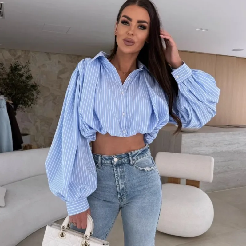 Camicie a righe da strada alla moda Camicia corta sexy da donna Crop Top Primavera Estate Manica lunga Bottone con risvolto Camicetta da donna Camicette eleganti