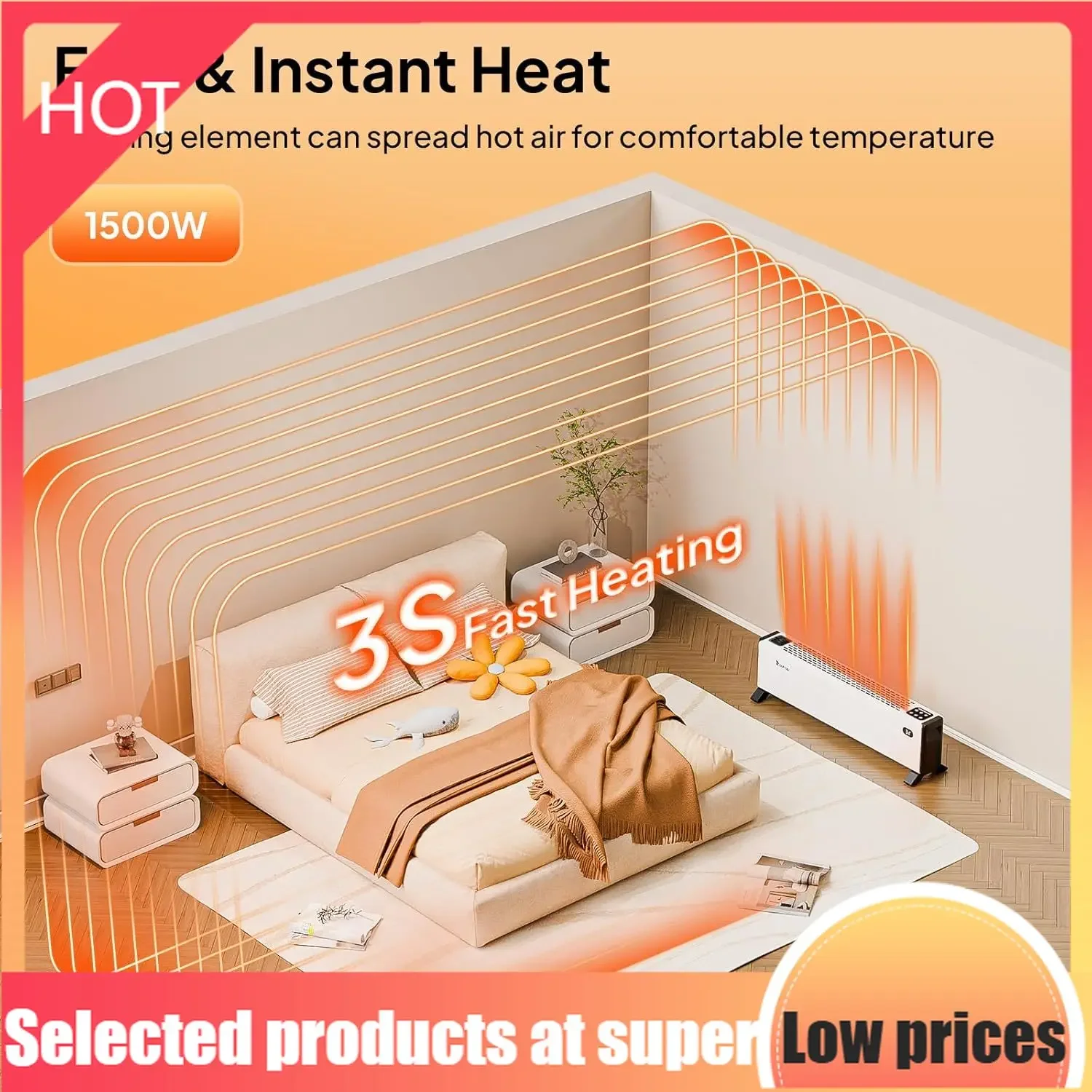 

Competitive Item-32'' Electric Baseboard Heater With Remote & Timer, 1500W Convection Space Heater W/Adjustable Heating Modes, T