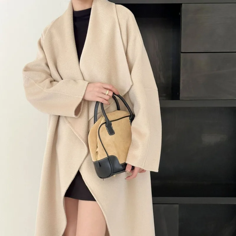 

EAEOVNI Роскошное длинное пальто из двойной шерсти, женское элегантное однотонное пальто с лацканами и поясом, офисная женская зимняя одежда 2025 г.