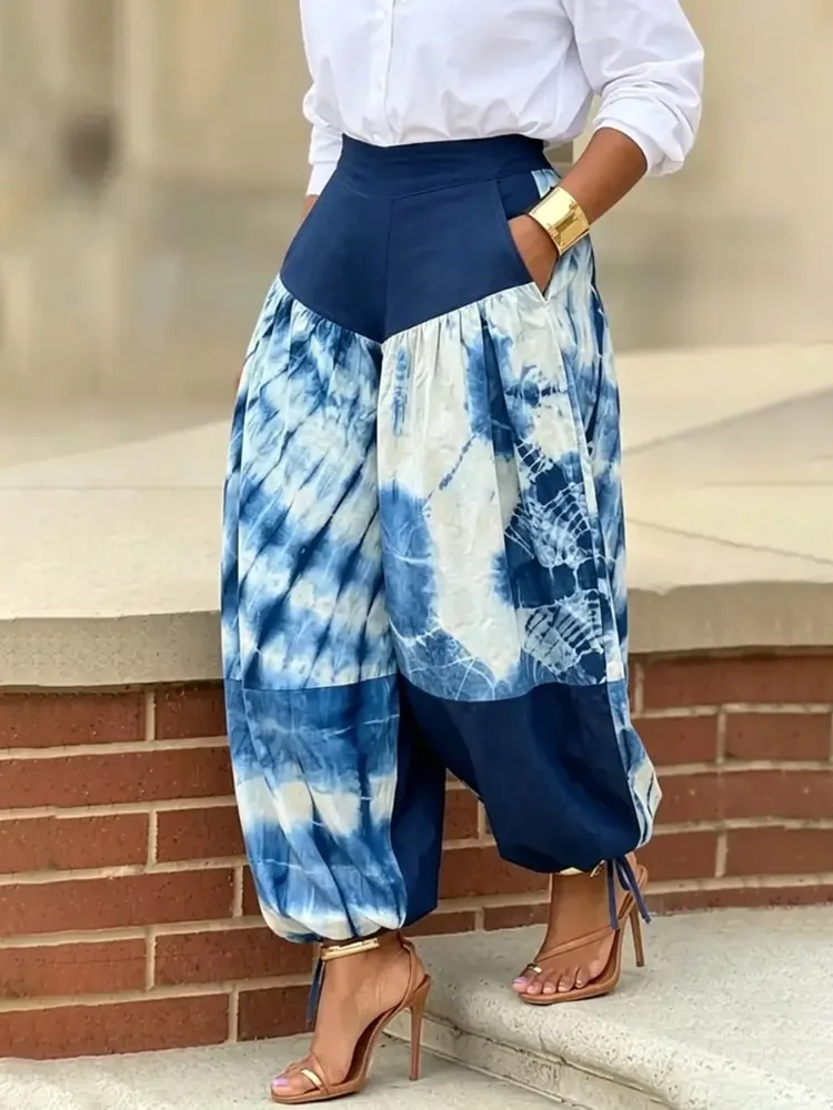 UOOZEE Women Contrast Color Printed High Waist Patchwork Harem Pants Loose Drawstring Ankle-Tied Casual Balloon Trousers view 4