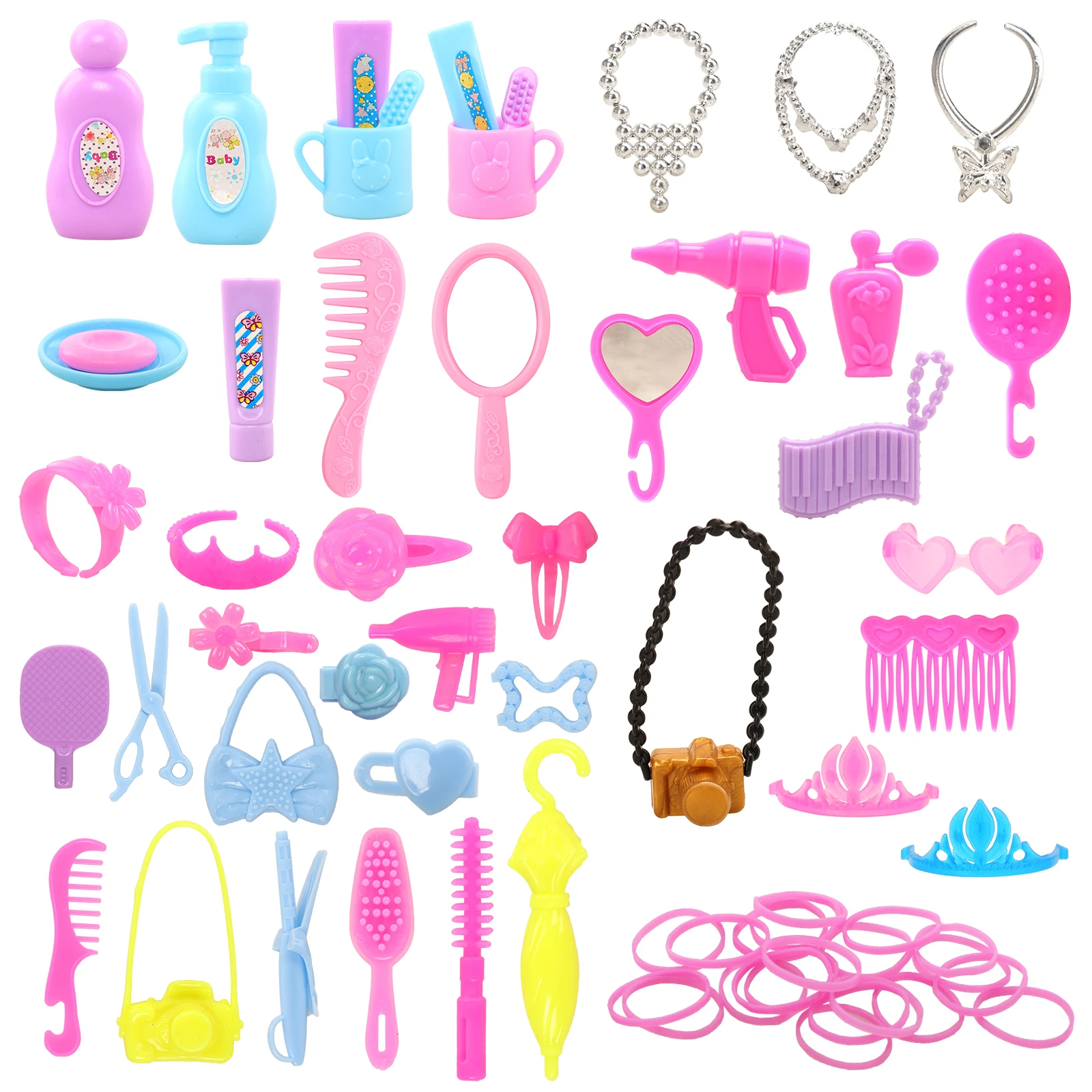 

Barwa 63 Pcs Fashion Girl Doll Accessories=43 Necklace Crown Bag Mirror Accessories+20 Rubber Band