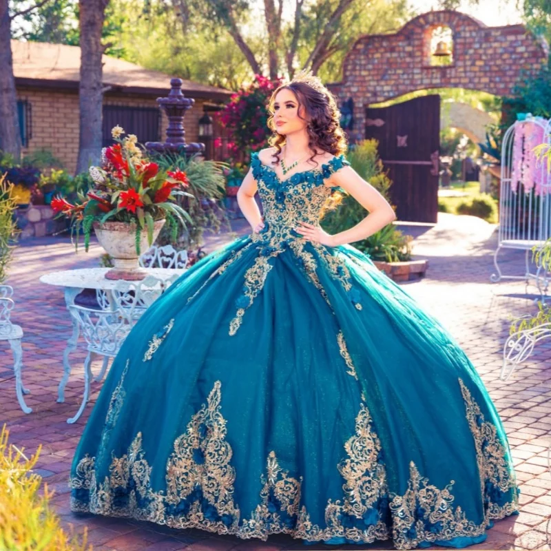 

Customized Shiny turquoise Quinceanera Dresses Off the Shoulder applique Long tail Tull 3D flower Bow Vestido 15 Quinceanera