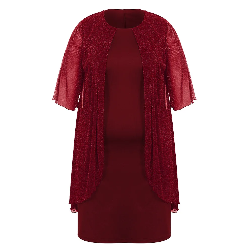 2025 Summer Women's Mesh Dress Elegant Fat Girl Fashion Sequin Three-quarter Sleeve Solid  Silver Silk Shining Shorts Slim Dress