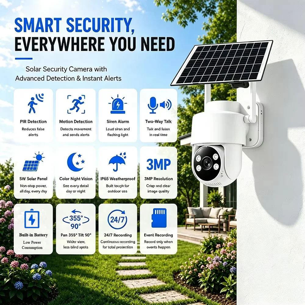 Tuya Smart Life Solar Powered WiFi Camera 3MP Outdoor Waterproof Motion Detection Color Night Vision Siren Alarm Security Camera
