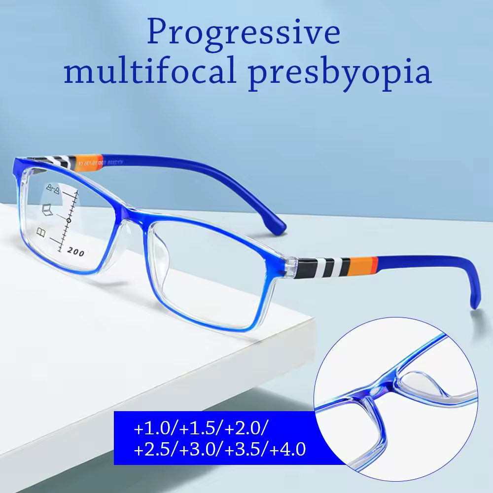 Gafas de lectura multifocales con luz azul, lentes cuadradas con bloqueo de rayos azules, progresivas, cerca del lejano, protección ocular ultraligera