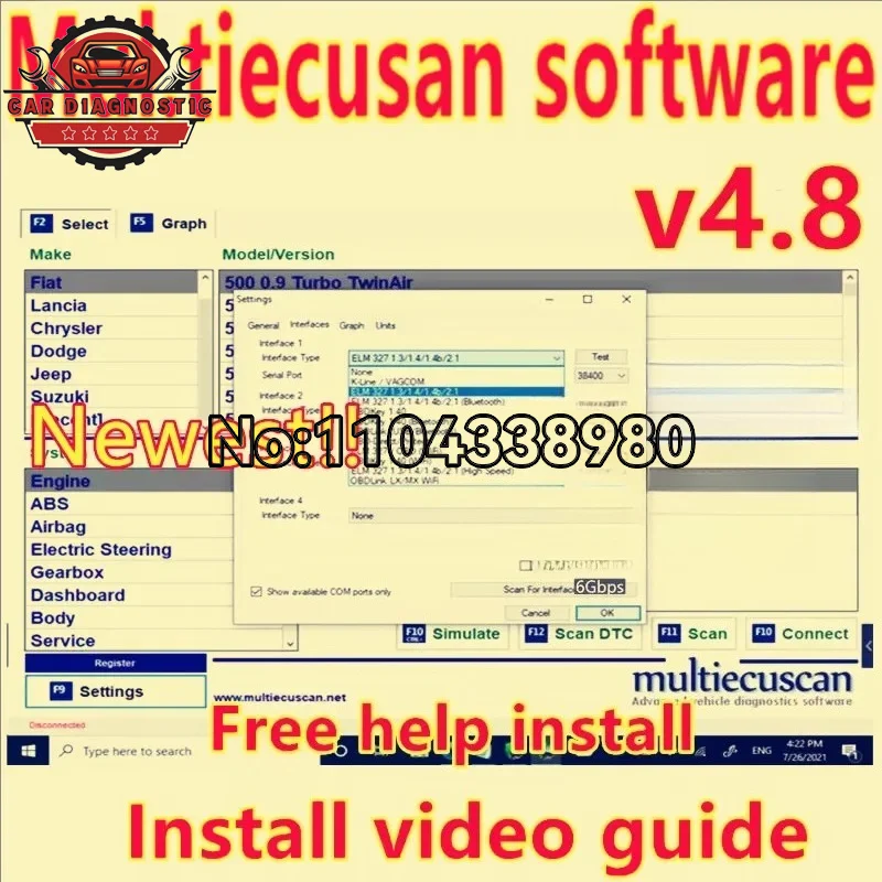 2026 hot new car accessories Multiecuscan V4.8 Full Version for Fiat/Chrysler/Dodge/Jeep/Suzuki Scanner Software + install video
