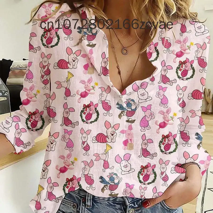 2024 Disney Piglet Hawaiian Shirt Women\'s land Long Sleeve Button Up Shirt Casual Fashion Beach Shirt Vintage Tops