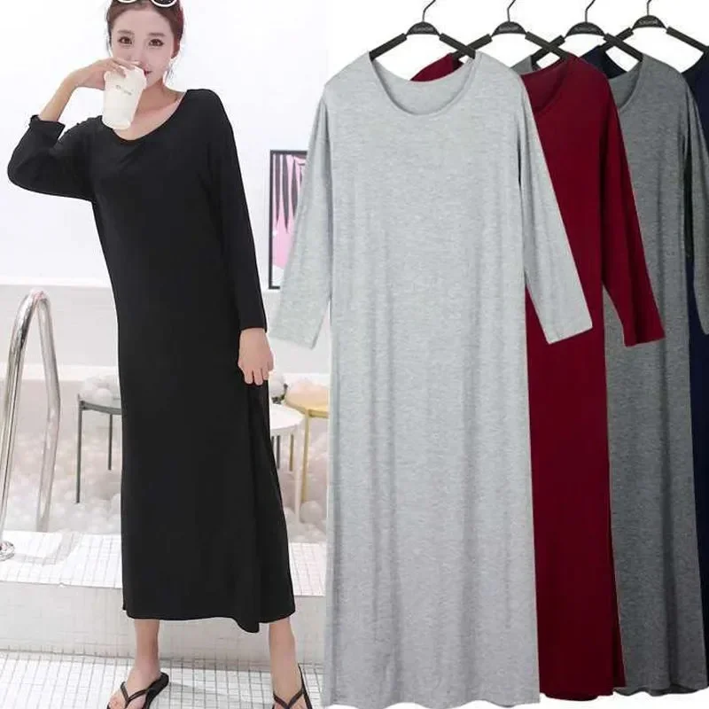 1811-3Long-sleeved pajamas spring and autumn Korean women's long loose dress, base dress, large size inner skirt