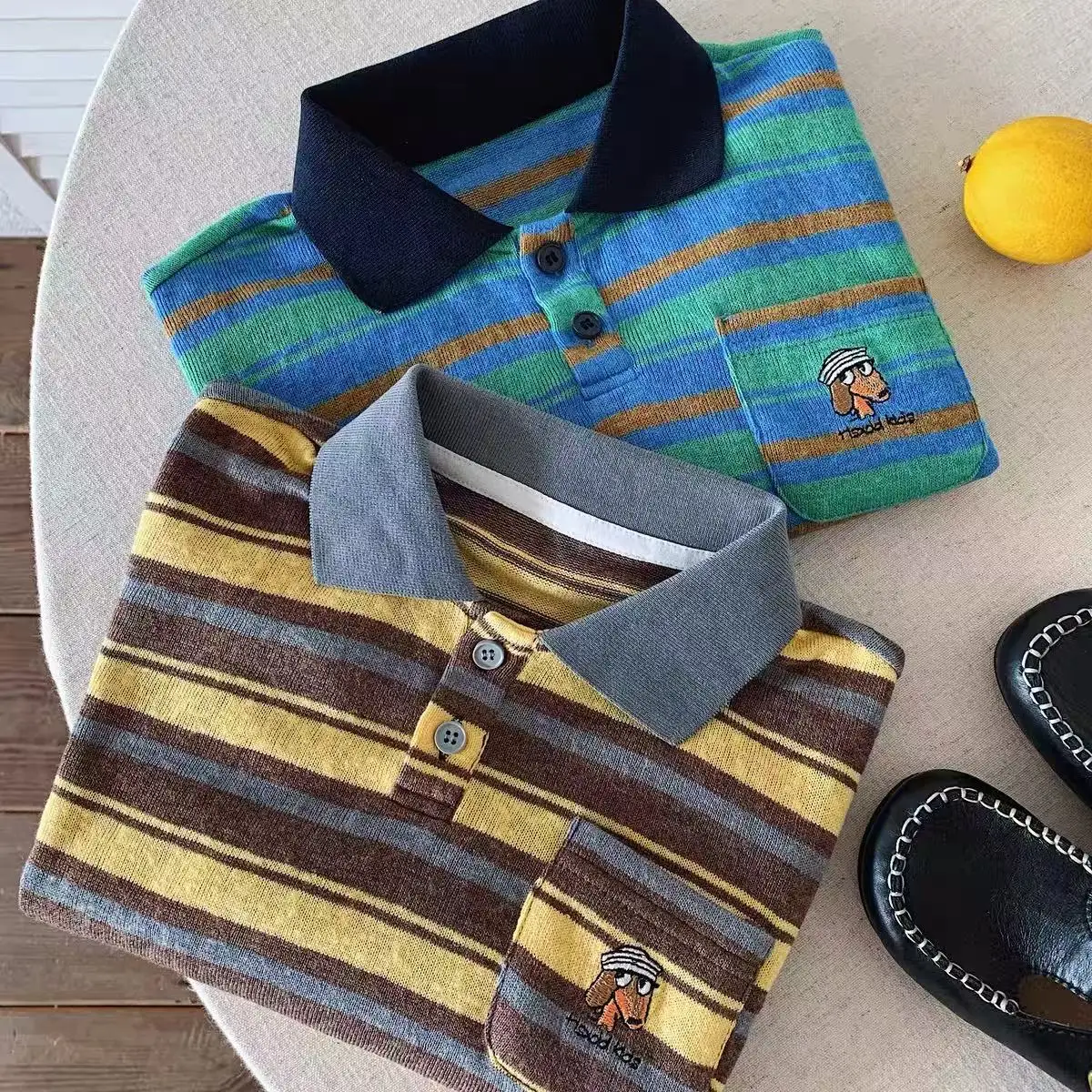 Frühling Herbst Neues gestreiftes Poloshirt für Kinder, Jungen und Mädchen, Oberteil mit Welpen-Tasche, Baby-Langarm-Basic-T-Shirt, modisch und gut aussehend – Detail 3