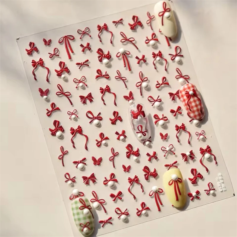 Simple Line Bowknot สีแดงทองเงินเลเซอร์สีชมพู Hot Stamping 3D Self กาวสติ๊กเกอร์เล็บเพิร์ล Rhinestone เล็บ Decals
