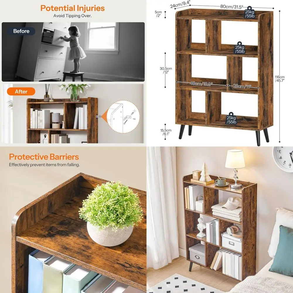 

Mid-Century 4-Tier Wooden Bookshelf, Large Open Storage, Suitable for Living Room, Bedroom, Office, Kitchen, Rustic Brown