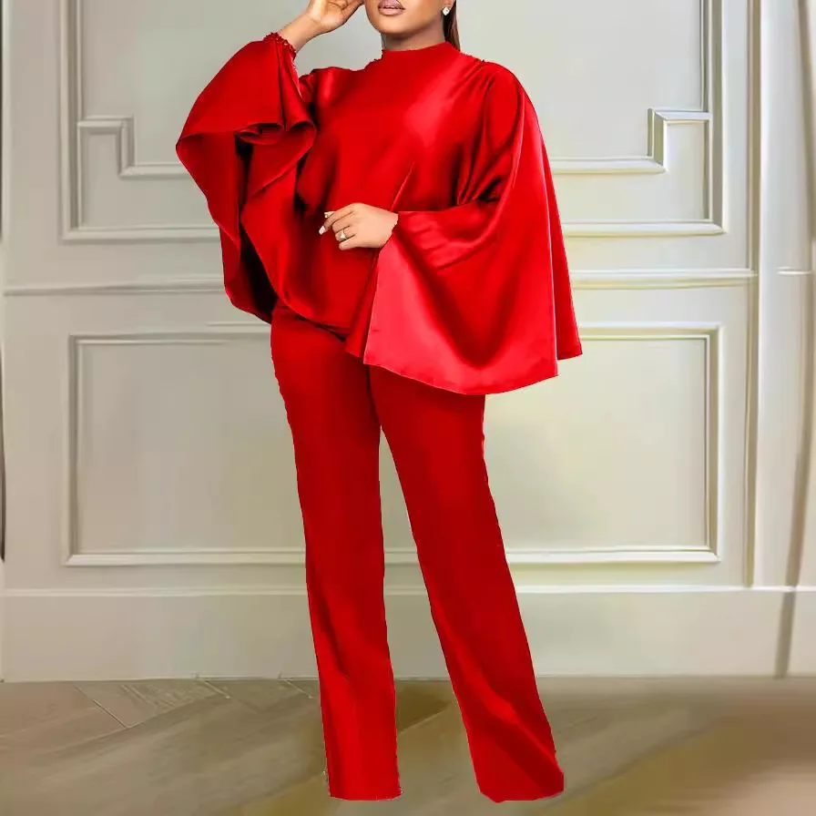 Satin Cloak And Pants Two Piece Sets Women Fashion Pure Color Batwing Sleeve Tops Outfits Spring Summer High Waist Pants Suit