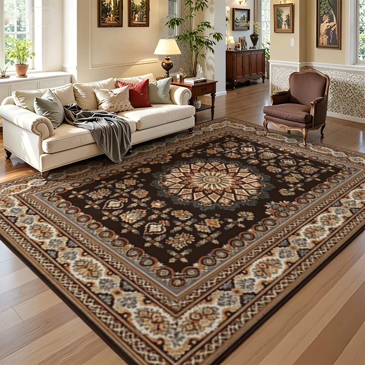Coffee-colored ethnic-style rug, made of velvet, suitable for living rooms and studies, with an American vintage design, featuring a dense, intricate pattern, and offering a rich, layered look. Perfect for Christmas, Thanksgiving, Halloween, or holiday de