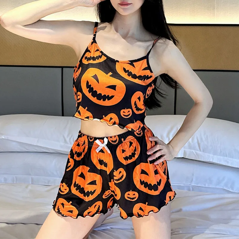 

Hallowmas Pajamas Set Women Summer Sling Shorts Home Clothes Pumpkin Print Sleepwear Casual Ladies Sleeveless Nightgown 2Pcs