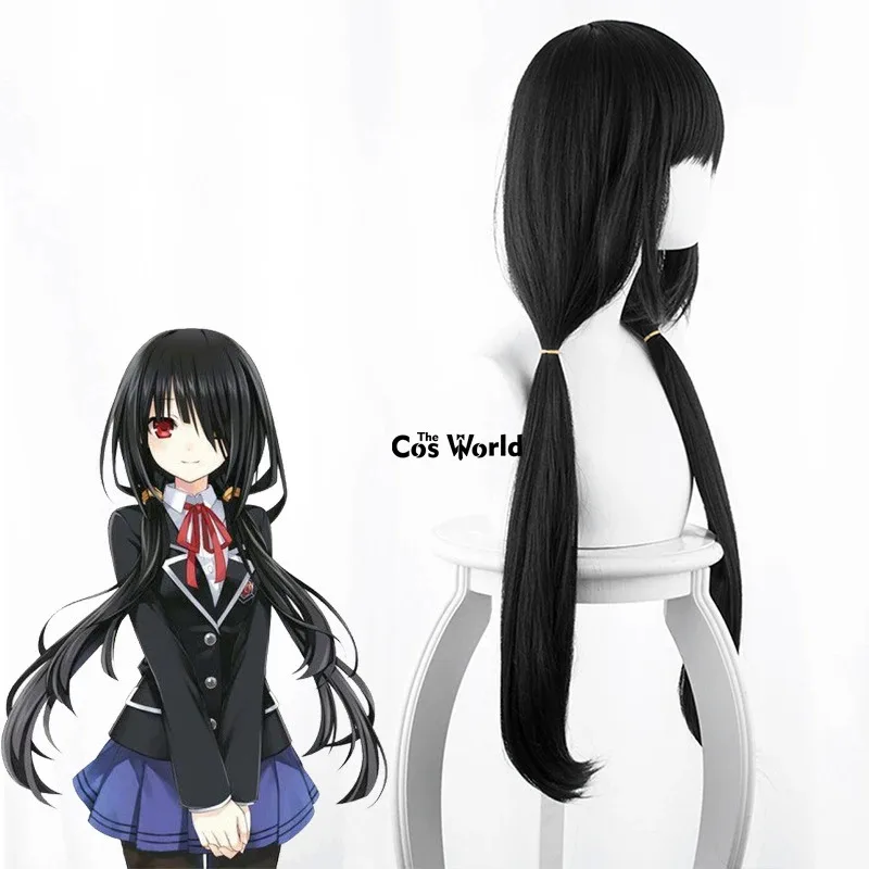 Date a Live Tokisaki Kurumi-pelucas de Cosplay de Anime, color negro, 80cm de largo y liso, pelo sintético de fibra resistente al calor + gorro de peluca