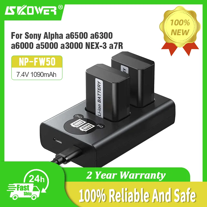 بطارية كاميرا وشاشة LCD USB شاحن مزدوج ، سوني ، ألفا ، A6500 ، A6300 ، A6000 ، A5000 ، A3000 ، NEX-3 ، A7R ، 1090mAh ، NP-FW50 ، NP FW50 ، 2 قطعة
