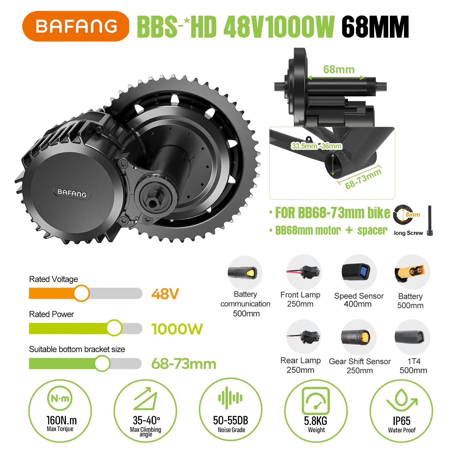 Bafang-電動自転車モーターキット,48v, 52v, 1000w, bbshd, bbs03