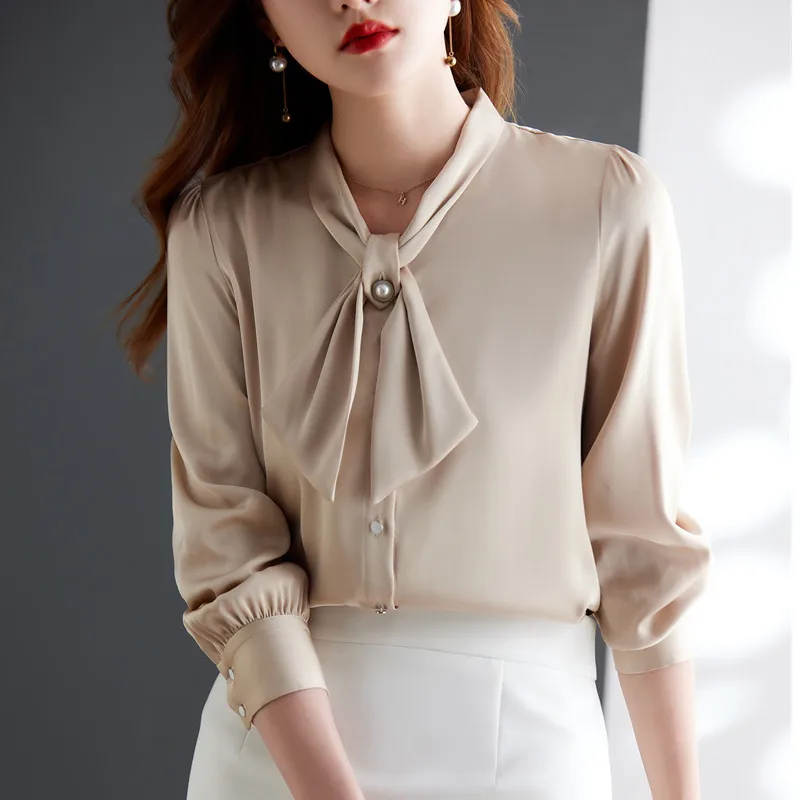 Green Aacetate Satin Shirt Women Fashion Design Bow Collar Professional Autumn New Long Sleeve Blouses Office Ladies Work Tops