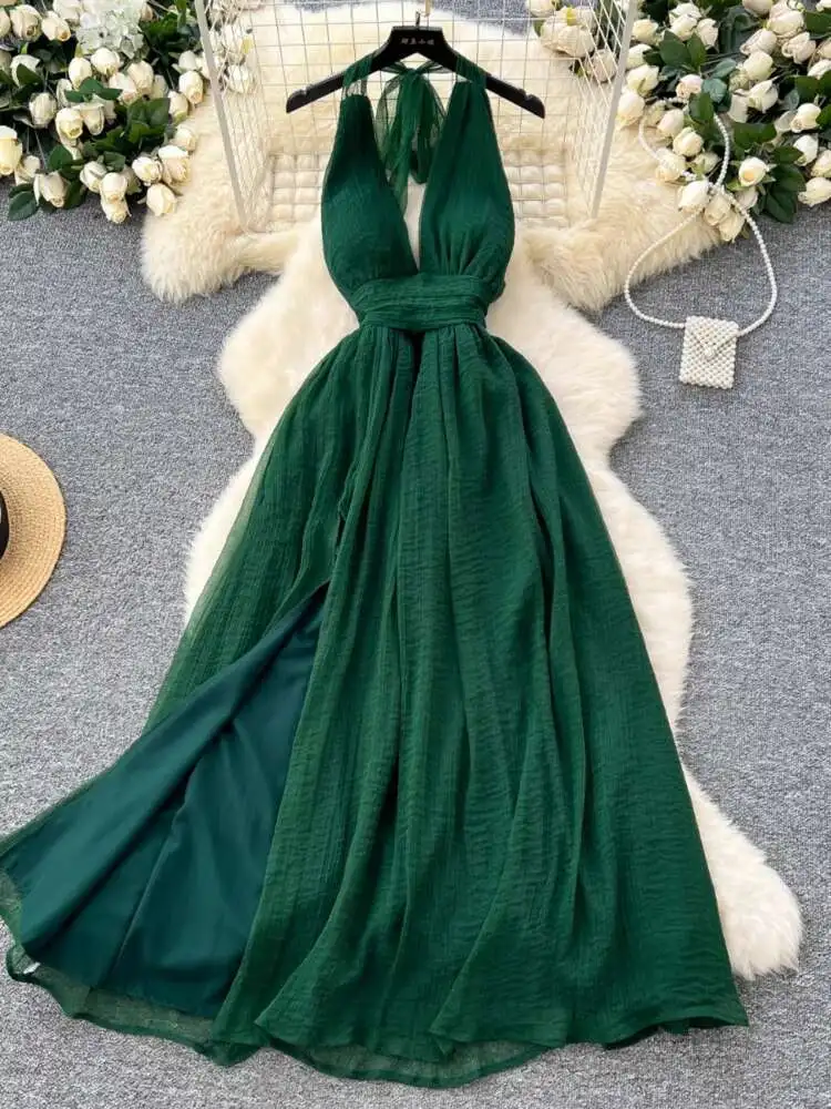 

Elegant Party Dress Women French Style Deep V-neck Hanging Neck Strap Split Backless Long Dresses Ladies Vintage Green Long Robe