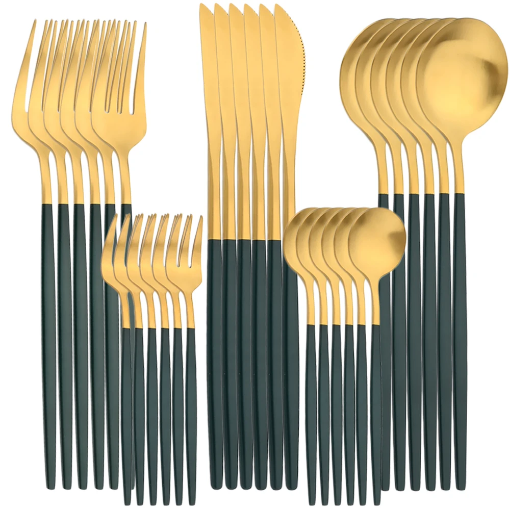 Zoseil Tableware Sets 30 Pieces Stainless Steel Green Gold Cutlery Cake Fork Western-style Kitchen Cutlery