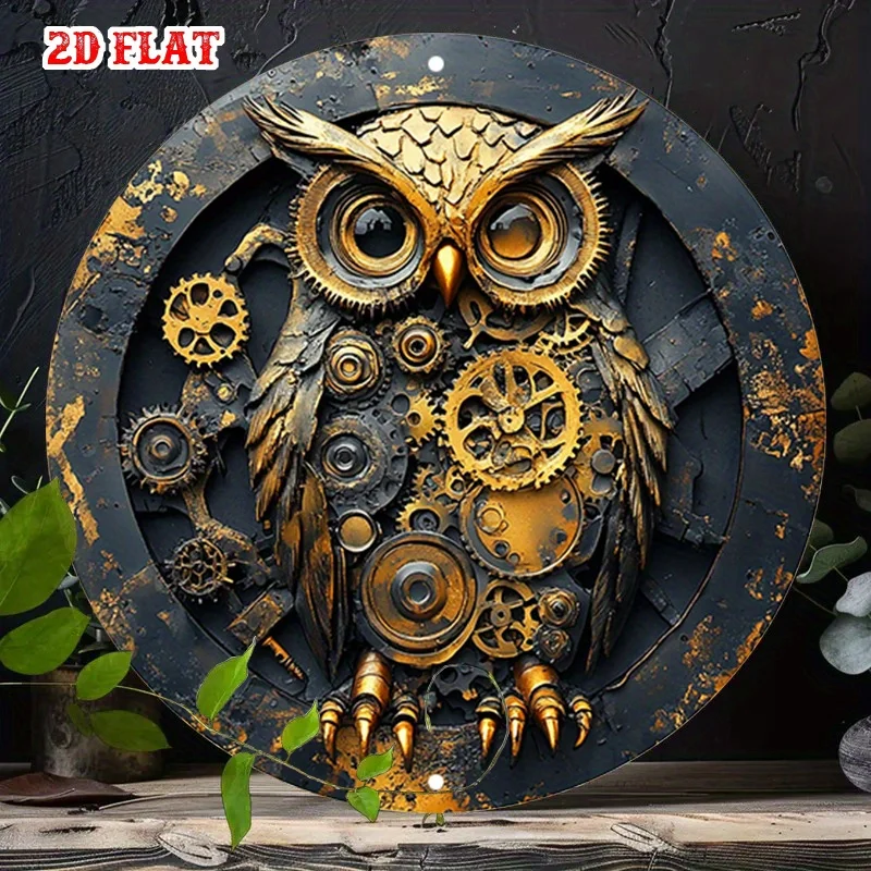 Steampunk-Eulen-Wanddekoration – 7,8 Zoll rundes Metallschild mit Zahnrädern, Wohnzimmer, Café, Kunstdekoration, Geschenk