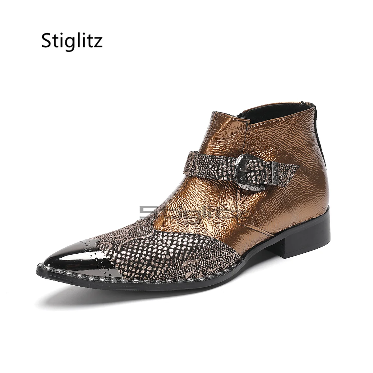 Men's Splicing Chelsea Boots Belt Buckle Metal Pointed Toe Short Boots Genuine Leather Low Heel Party Banquet Dress Shoes