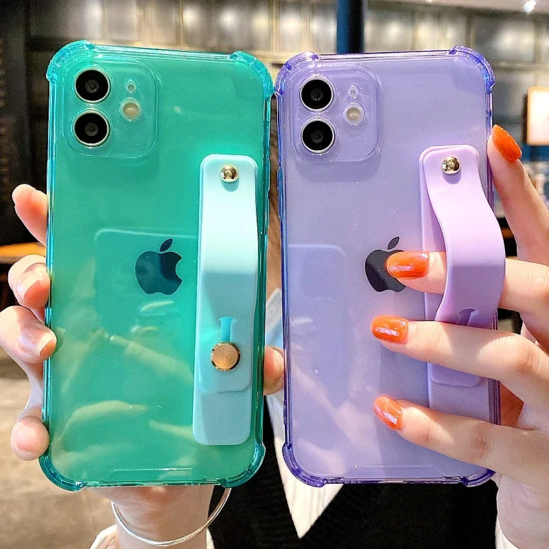 

Pop Soft Wrist Strap Phone Case For IPhone 11 12 13 14 15 16 Pro Max X XR Xs Max Plus Mini Kickstand Transparent Bumper Cover