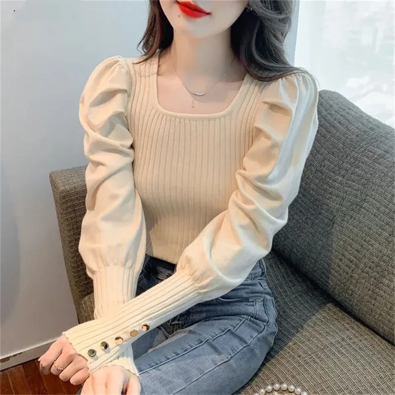 Autumn Winter New Women\'s Pullovers Commuter Square Collar Screw Thread Folds Puff Sleeve Elegant Slim Versatile Sweaters Tops