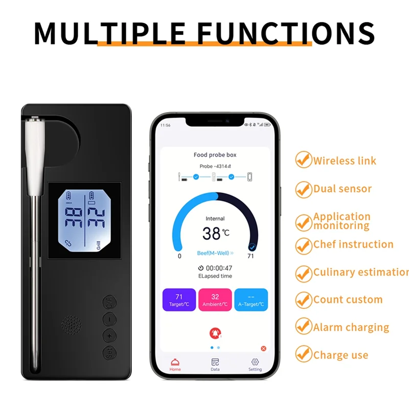 

A21Q -Meat Thermometer With Bluetooth 500Ft Wireless Thermometer Smart Food Thermometer With USB Charging