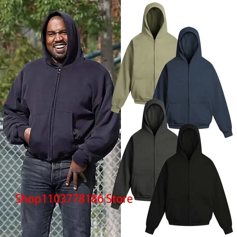 High Street Kanye West Hoody Sweatshirt Double-deck Zipper Hoodie Coats Solid Color Simple Men Women KANYE WEST Pullover