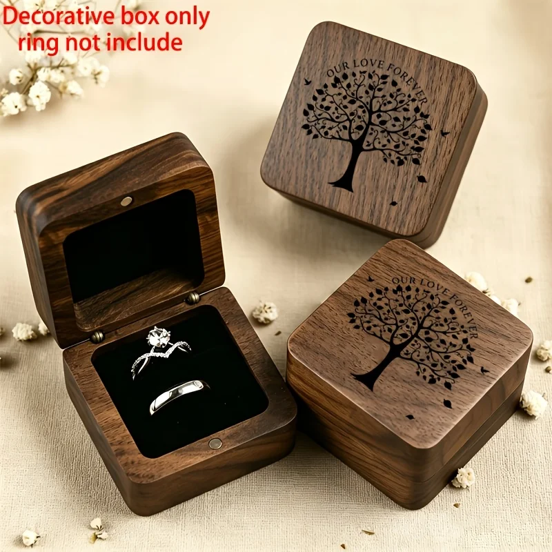 Caja de Anillos de Madera 2D "Nuestro Amor para Siempre" con Diseño de Patrón de Árbol, Almacenamiento de Joyas para Parejas, Regalo para Boda, Compromiso, Propuesta o Aniversario