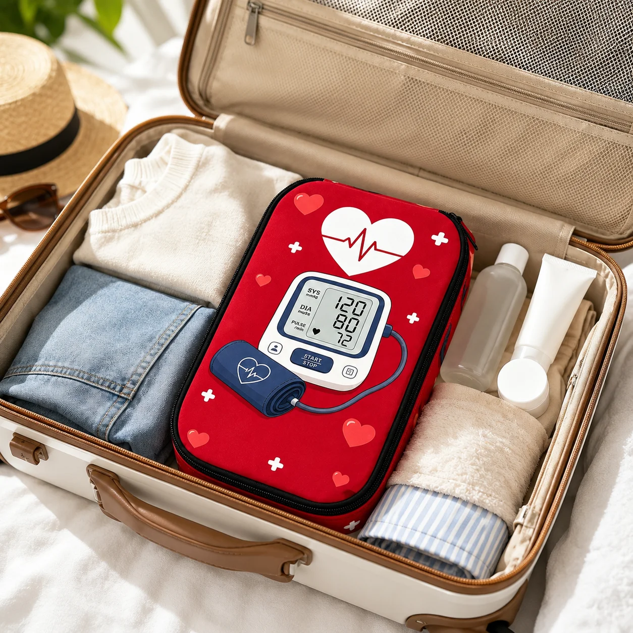 Portable Blood Pressure Monitor Storage Case, Red Heart Print Protective Zipper Travel Organizer for Seniors, Home & Clinic