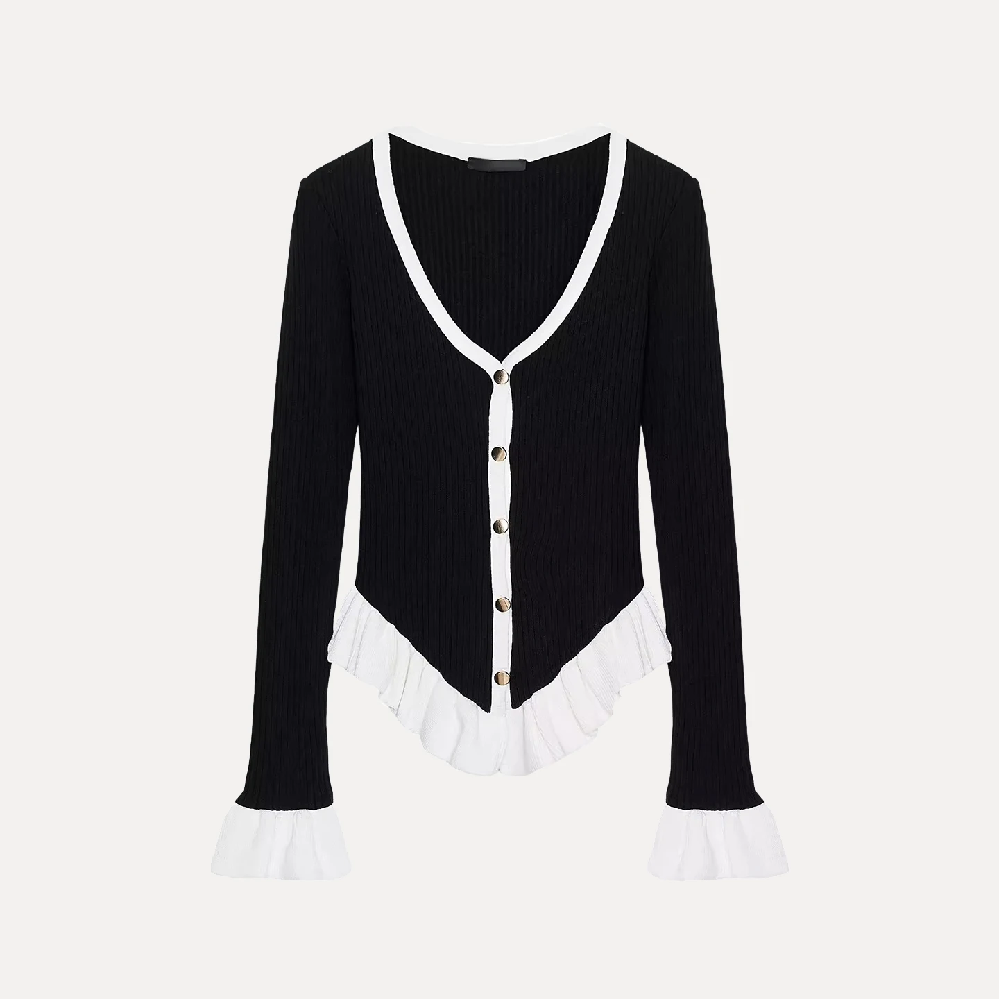 سترة نسائية محبوكة بألوان متباينة وتصميم متداخل للزينة، بأكمام طويلة وأزرار، بأسلوب كاجوال جديد لفصل الخريف