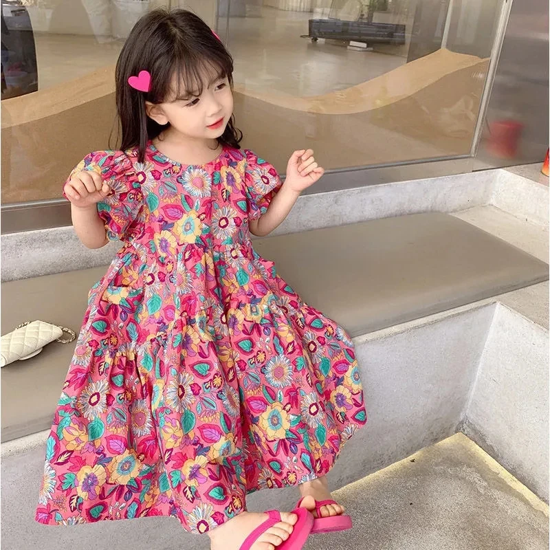 Summer Kids Floral Dresses for Girls Korean Loose Casual Dress Girl Clothing Cute Children Toddler Baby Girl Princess Dress 6 8