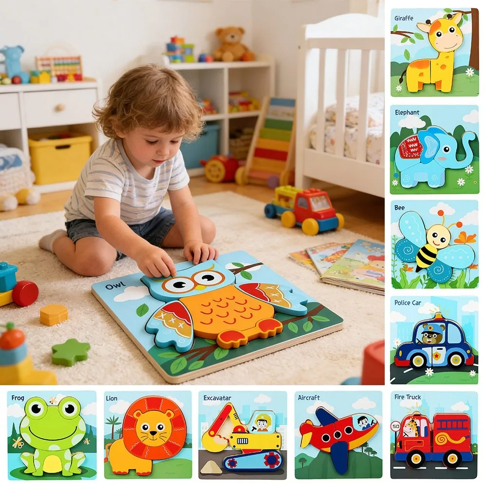 Neue 3D Holzpuzzles Niedliche Tierserie Sicheres Tier-Lernpuzzle Tragbares Cartoon-Tierpuzzle für Kinder