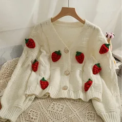 Korean Fashion Strawberry Sweaters Cardign for Women Autumn Winter Long Sleeve Knitted Woman Cardigan Single Breasted Jackets