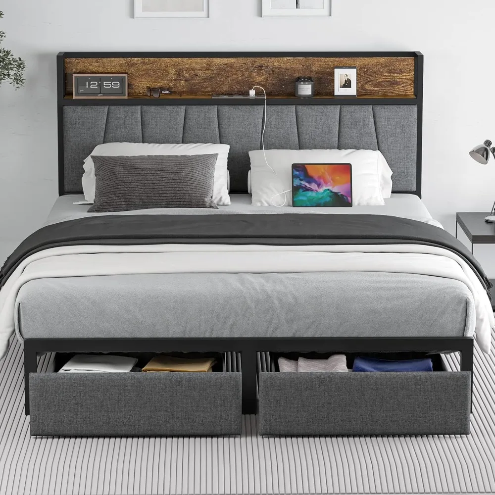 

Queen Size Bed Frame with Headboard and Storage, Drawers Platform Bed Frame with Storage Chargin Station LED Light Bed Frame