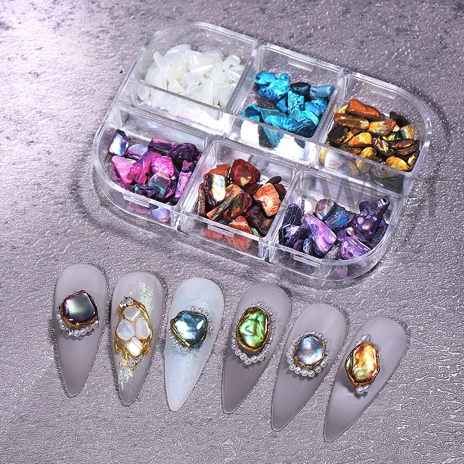 6 Compartimentos de Láminas de Concha de Abulón para Decoración de Uñas, Encantos 3D, Fragmentos de Concha Irregular, Tiras Aurora, Accesorios DIY de Manicura 5