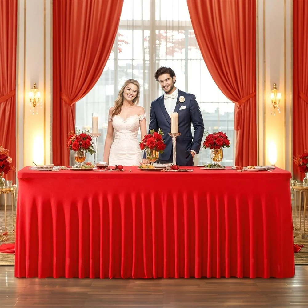 NEW HOT In Stock-Table Cloth Skirt For Wedding-6Ft Rectangle Red For Reusable Holiday Tablecloths For Carnivals Banquets